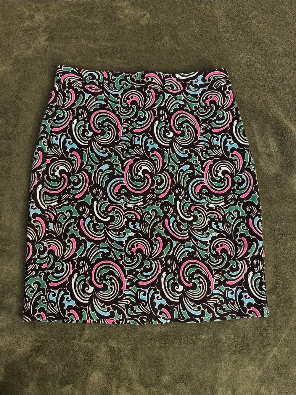 Banana Republic Black Mini Skirt with Pink & Teal Swirl Print
